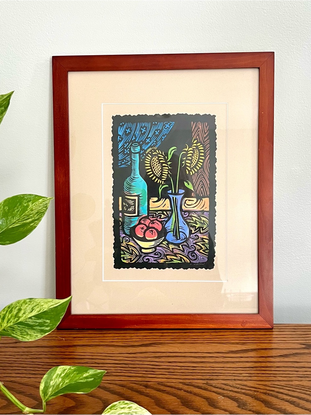 Anita Hagan Sunflowers Signed Linoleum Block Acrylic Still Life Framed Art